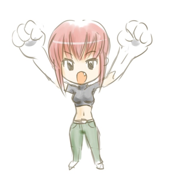 yellow (artist), riza wildman, kaibutsu oujo, 00s, animal hands, chibi, crop top, fang, midriff, red hair
