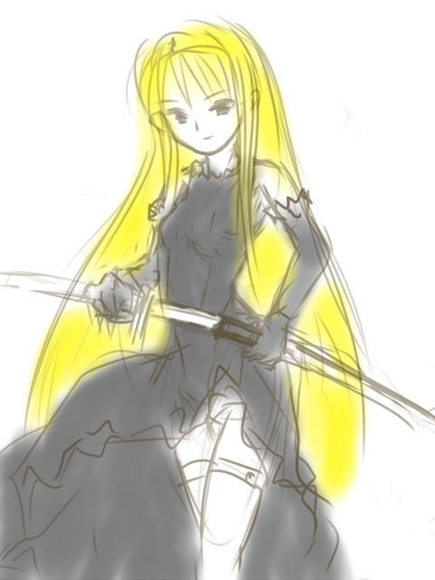 yellow (artist), hime (kaibutsu oujo), kaibutsu oujo, 00s, blonde hair, dress, gloves, sword, thighhighs, weapon