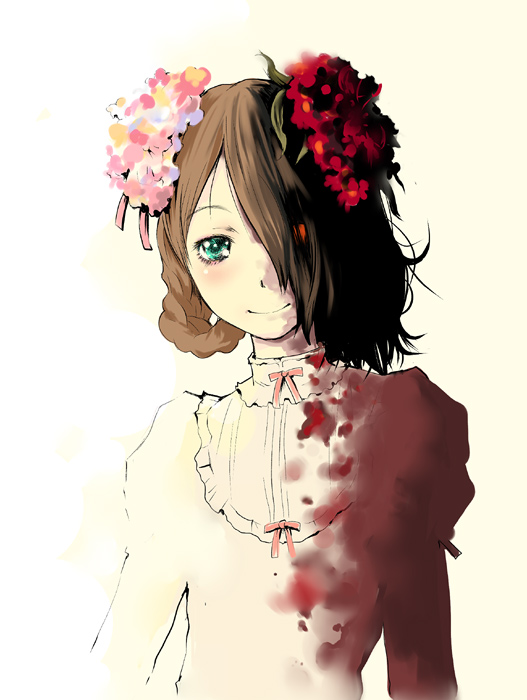 tamaoki benkyou, original, blood, brown hair, dress, flower, heterochromia, solo
