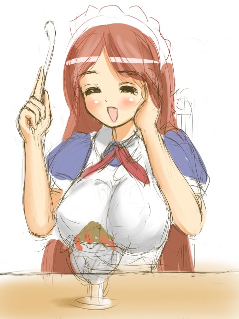 yellow (artist), hiyorimi sawawa, kaibutsu oujo, 00s, breasts, brown hair, food, maid, parfait