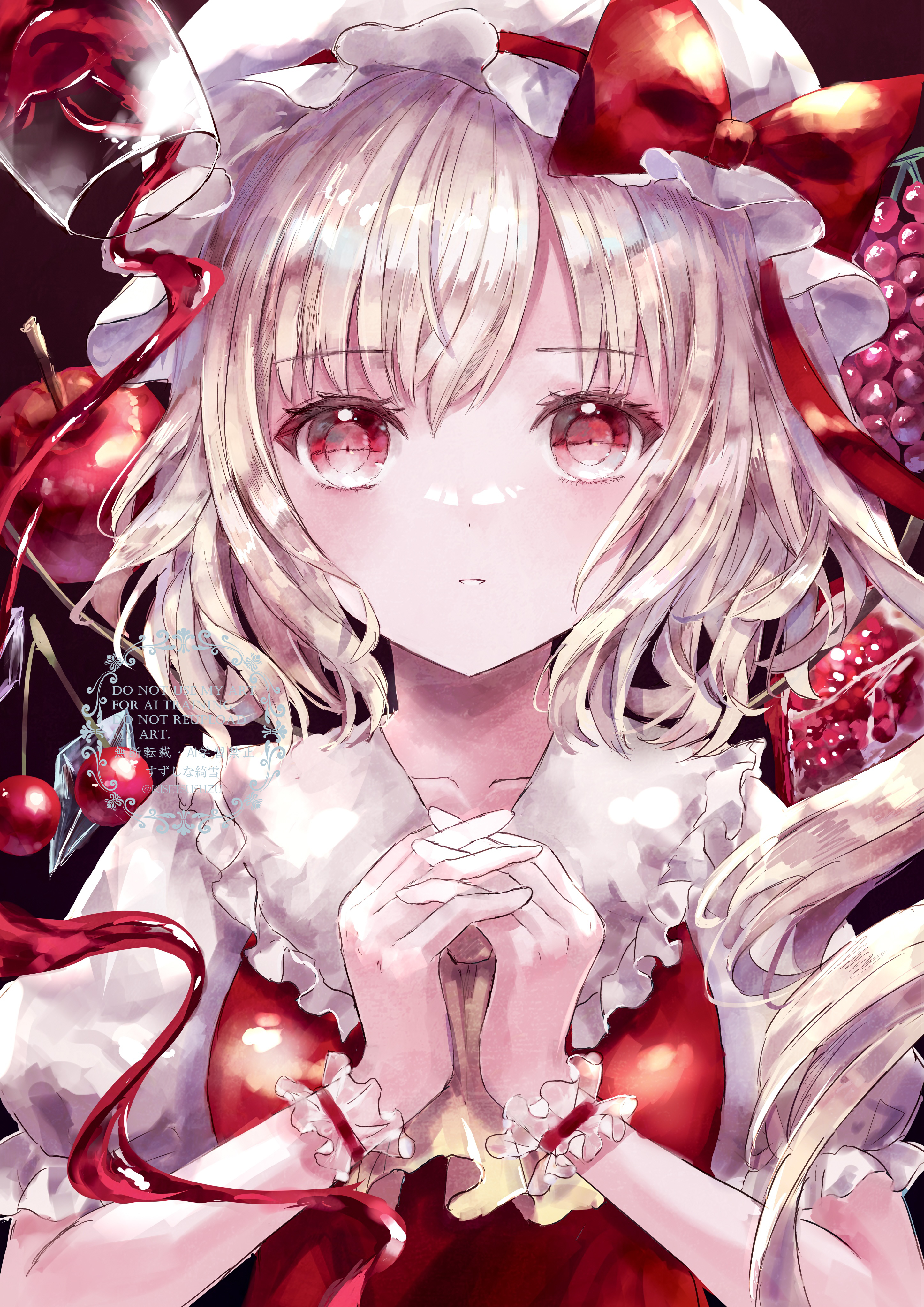 suzushina, flandre scarlet, touhou, absurdres, commentary request, highres, 1girl, alcohol, apple, ascot, blonde hair, bow, breasts, cherry, collarbone, collarbone peek, crystal wings, cup, dot nose, drinking glass, food, frilled shirt collar, frilled sleeves, frilled wrist cuffs, frills, fruit, grapes, hat, hat bow, hat ribbon, interlocked fingers, long hair, looking at viewer, mob cap, own hands together, parted lips, pomegranate, puffy short sleeves, puffy sleeves, red background, red bow, red eyes, red ribbon, red theme, red vest, ribbon, short sleeves, side ponytail, small breasts, solo, straight-on, strawberry, upper body, vest, water, white hat, white wrist cuffs, wine, wine glass, wings, wrist cuffs, yellow ascot