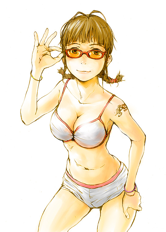 tamaoki benkyou, akizuki ritsuko, idolmaster, idolmaster (classic), idolmaster 1, 00s, adjusting eyewear, bikini, braid, brown hair, glasses, short hair, solo, swimsuit, tattoo, twin braids, white bikini