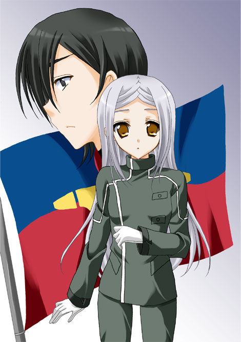 kisaraki kanata, allelujah haptism, soma peries, gundam, gundam 00, silver hair, 00s, 1boy, 1girl, black hair, blue eyes, cowboy shot, flag, gloves, long hair, looking at viewer, military, military uniform, profile, standing, white gloves