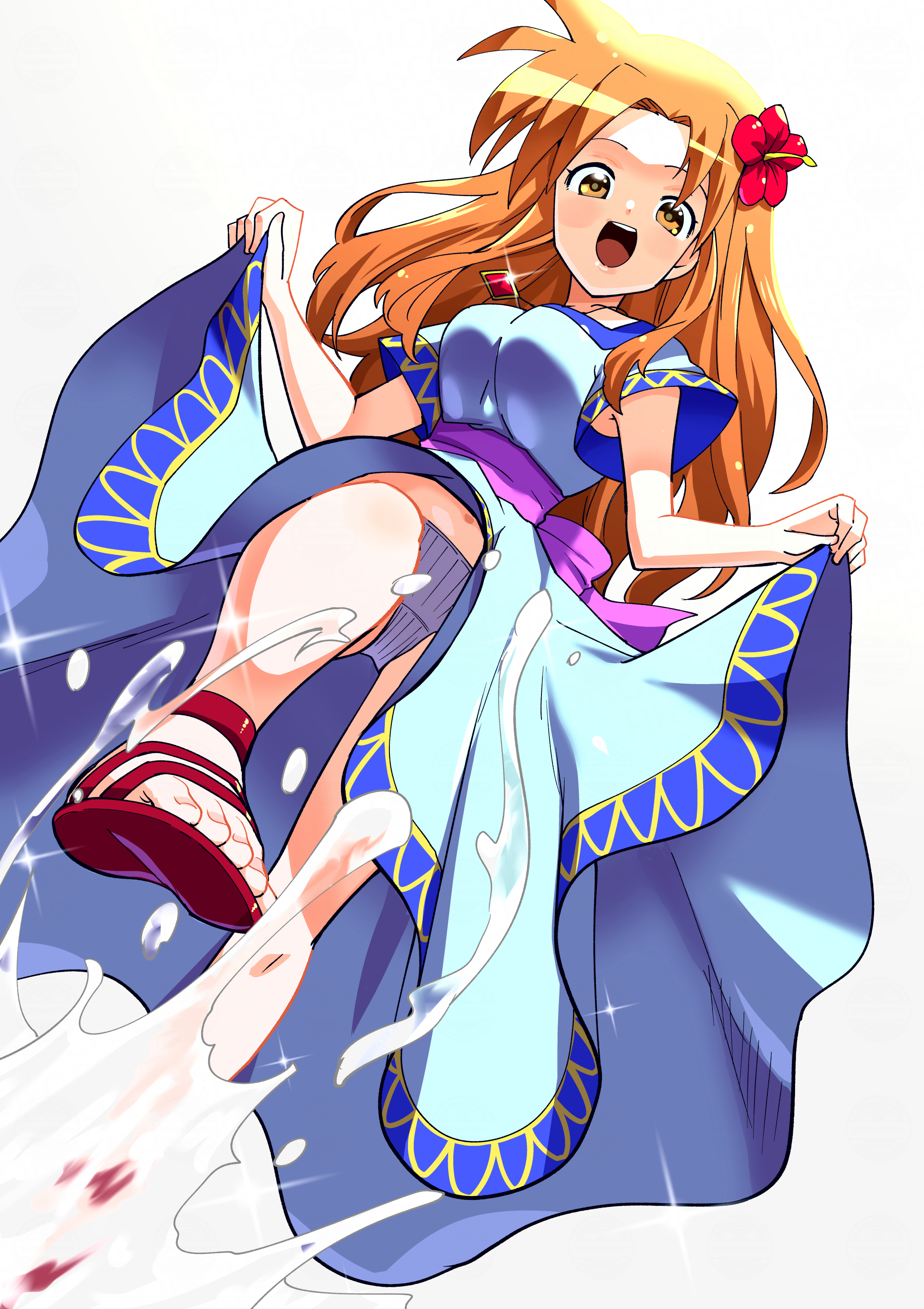 toku sonchou, marin (zelda), nintendo, the legend of zelda, the legend of zelda: link's awakening, absurdres, highres, 1girl, blue dress, breasts, brown hair, dress, flower, foot out of frame, hair flower, hair ornament, jewelry, long hair, looking at viewer, navel, necklace, open mouth, panties, ribbed panties, smile, solo, underwear, upskirt, water, white background