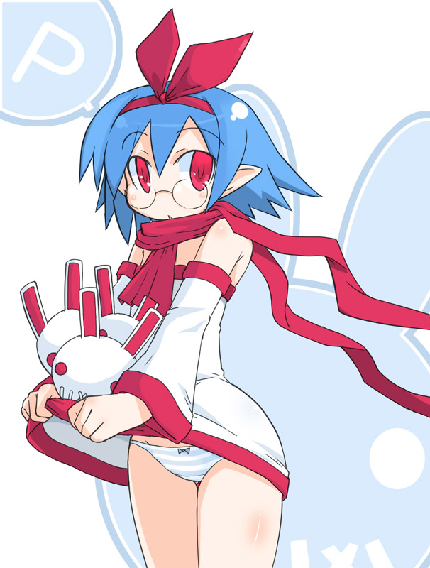 naitou kouse, naitou, pleinair, usagi-san, blue hair, clothes lift, dress, dress lift, glasses, hair ribbon, panties, rabbit, red eyes, ribbon, scarf, short hair, solo, striped clothes, striped panties, underwear