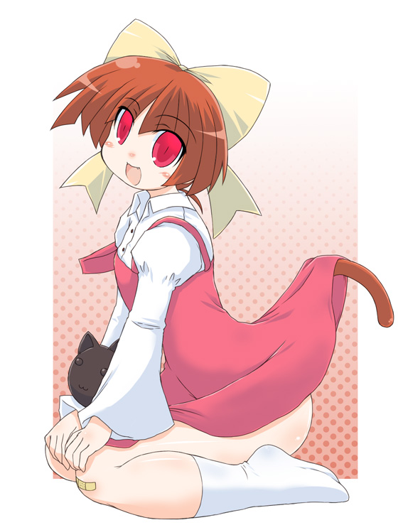 naitou kouse, naitou, nekomusume, nekomusume (gegege no kitarou 5), gegege no kitarou, gegege no kitarou 5, toei company, 1girl, clothes lift, dress, dress lift, female focus, hair ribbon, kneeling, loli, red eyes, ribbon, short hair, solo, tail