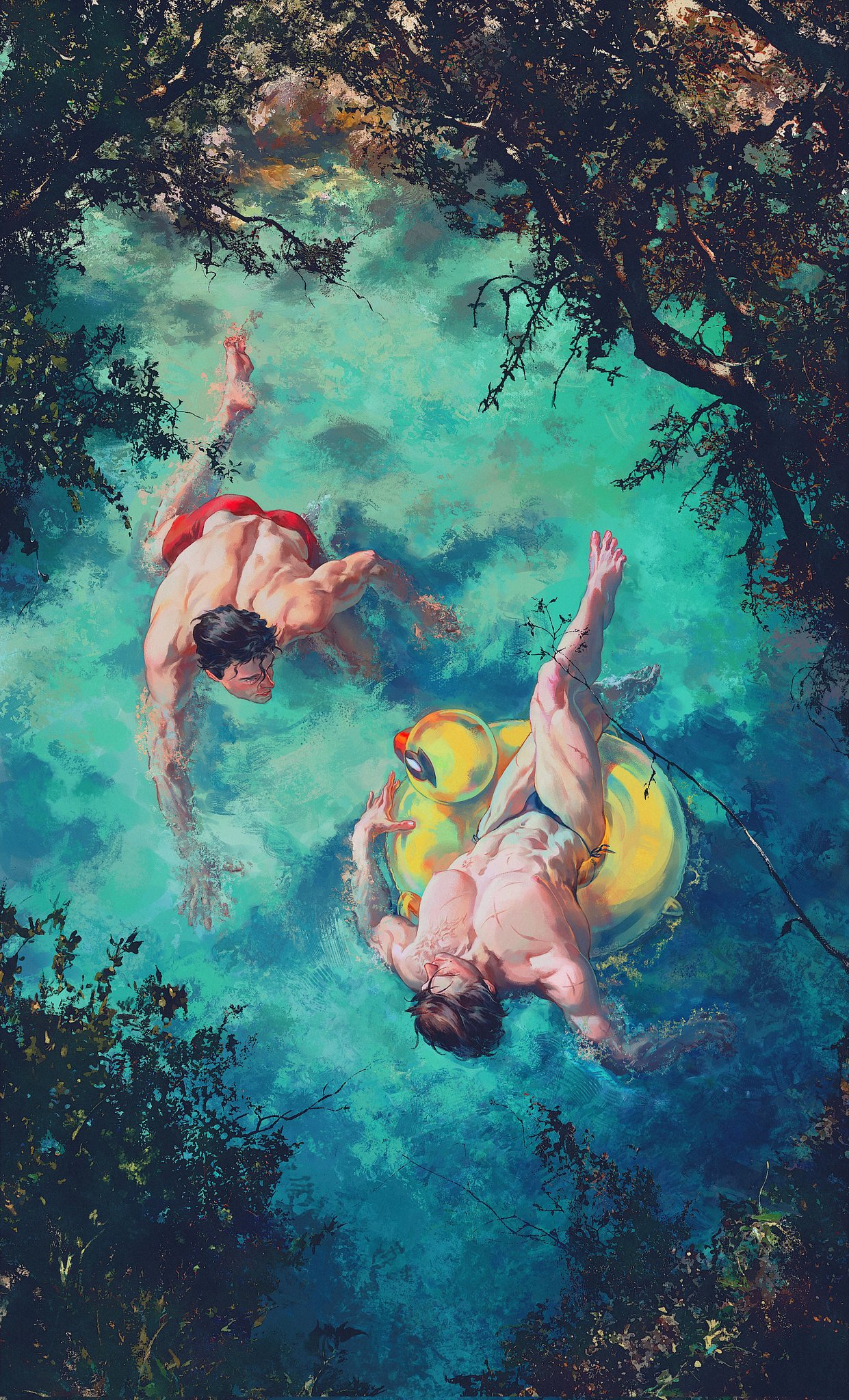osi051 (osiovi051), bruce wayne, clark kent, batman (series), dc comics, superman (series), highres, 2boys, abs, black hair, blue swim briefs, bulge, crossed legs, duck innertube, from above, innertube, looking at another, male focus, male swimwear, multiple boys, muscular, muscular male, outdoors, outstretched arm, pectorals, short hair, swim briefs, swim ring, tree, water