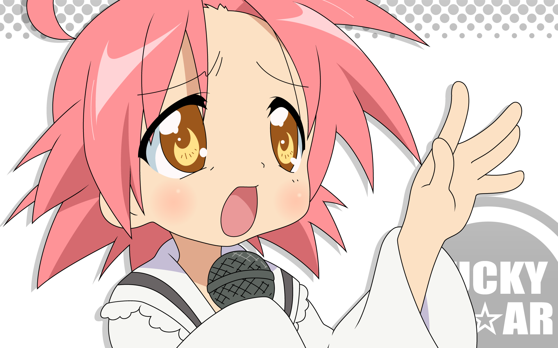 kogami akira, lucky star, derivative work, highres, vector trace, 00s, 1girl, female focus, microphone, pink hair, solo, yellow eyes