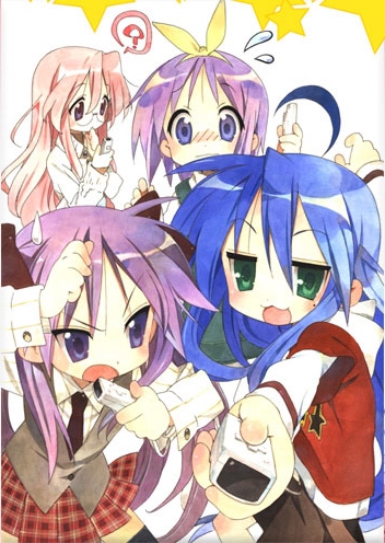 yoshimizu kagami, hiiragi kagami, hiiragi tsukasa, izumi konata, takara miyuki, lucky star, lowres, official art, 00s, 4girls, :d, ahoge, antenna hair, black hair, blue hair, flying sweatdrops, food, green eyes, long hair, long sleeves, looking at viewer, mole, mole under eye, multiple girls, necktie, onigiri, open mouth, pink hair, plaid clothes, plaid skirt, pleated skirt, purple eyes, red skirt, siblings, sisters, skirt, smile, surprised, thighhighs, twins, very long hair, wide-eyed, zettai ryouiki