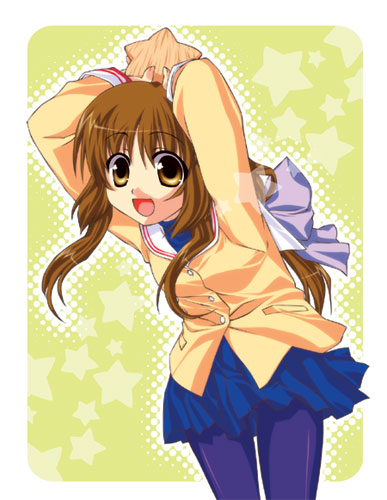satomi yoshitaka, ibuki fuuko, clannad, lowres, 00s, 1girl, blue pantyhose, female focus, long hair, low-tied long hair, pantyhose, solo