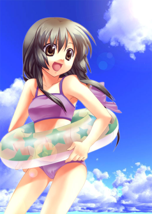 satomi yoshitaka, ibuki fuuko, clannad, 00s, 1girl, bikini, black hair, blue sky, brown eyes, cloud, day, female focus, innertube, lens flare, open mouth, purple bikini, sky, solo, swim ring, swimsuit, transparent