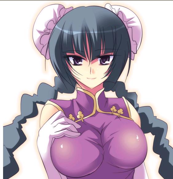 maki (seventh heaven maxion), wang liu mei, gundam, gundam 00, 00s, black hair, braid, breasts, bun cover, china dress, chinese clothes, cleavage, dress, large breasts, solo, twintails