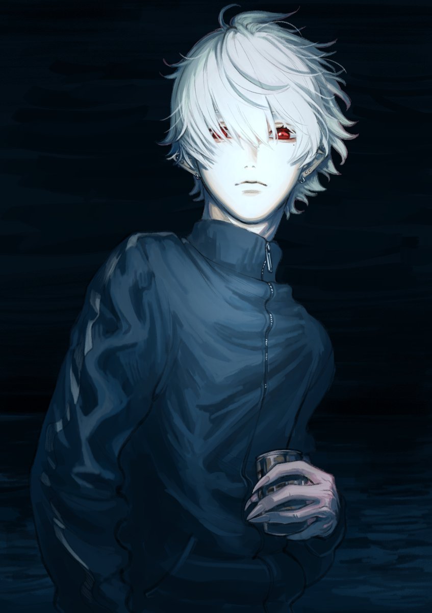 koze niire, kuzuha (1st costume) (nijisanji), kuzuha (nijisanji), nijisanji, hashtag-only commentary, highres, 1boy, black jacket, closed mouth, dark, earrings, expressionless, fingernails, jacket, jewelry, long fingernails, looking at viewer, male focus, night, pointy ears, red eyes, sharp fingernails, short hair, solo, track jacket, upper body, virtual youtuber, white hair, zipper