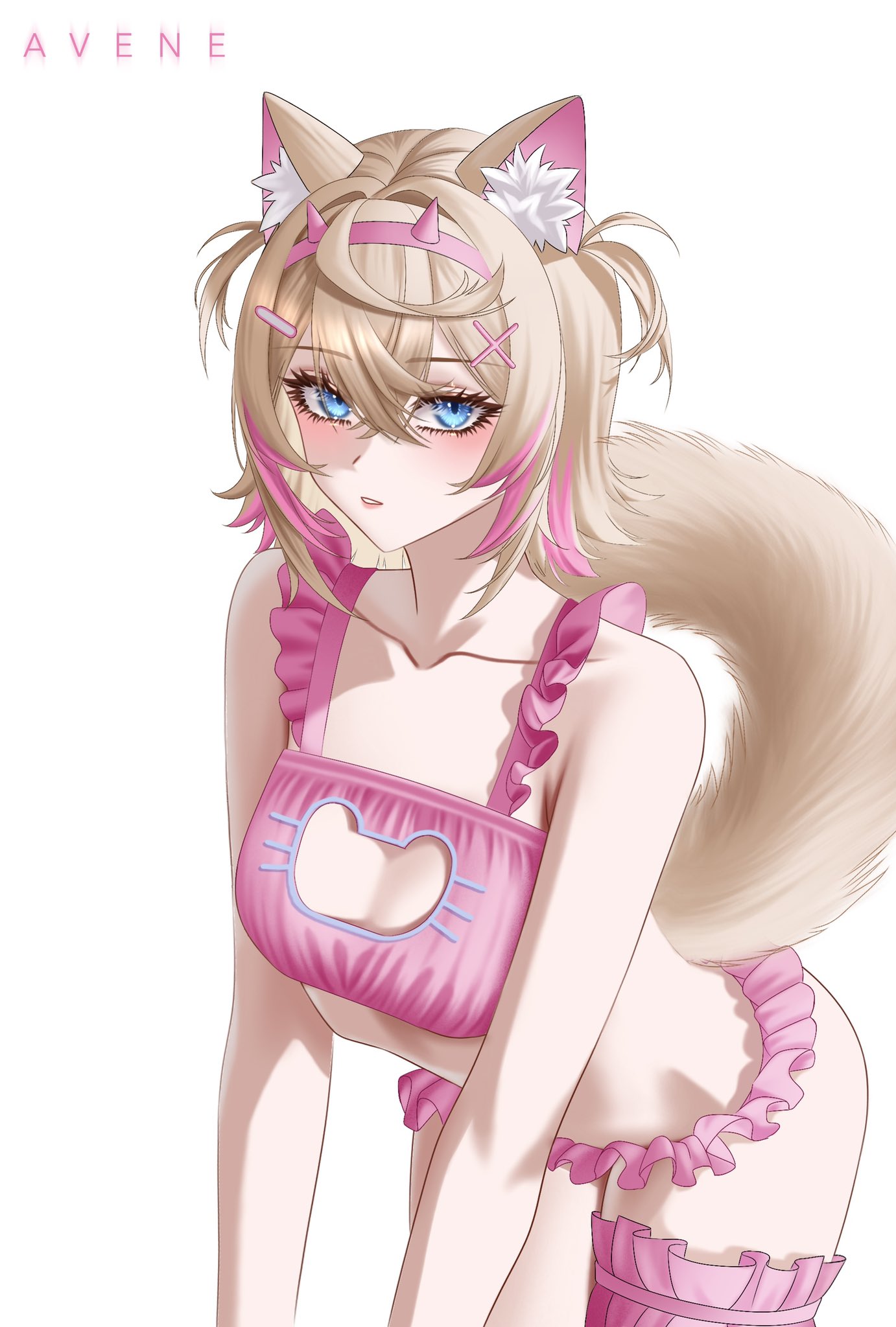 mococo abyssgard, hololive, hololive english, commentary, highres, 1girl, animal ear fluff, animal ears, avene chan, bare arms, bare shoulders, blonde hair, blue eyes, bra, breasts, cat cutout, cat lingerie, cleavage, cleavage cutout, clothing cutout, collarbone, crossed bangs, dog ears, dog girl, dog tail, double-parted bangs, frilled bra, frilled panties, frilled thigh strap, frills, hair between eyes, hair ornament, hairband, horn hairband, leaning forward, looking at viewer, multicolored hair, panties, parted lips, pink bra, pink hair, pink hairband, pink panties, short hair, simple background, small breasts, solo, streaked hair, tail, thigh strap, two side up, underwear, underwear only, virtual youtuber, white background, x hair ornament