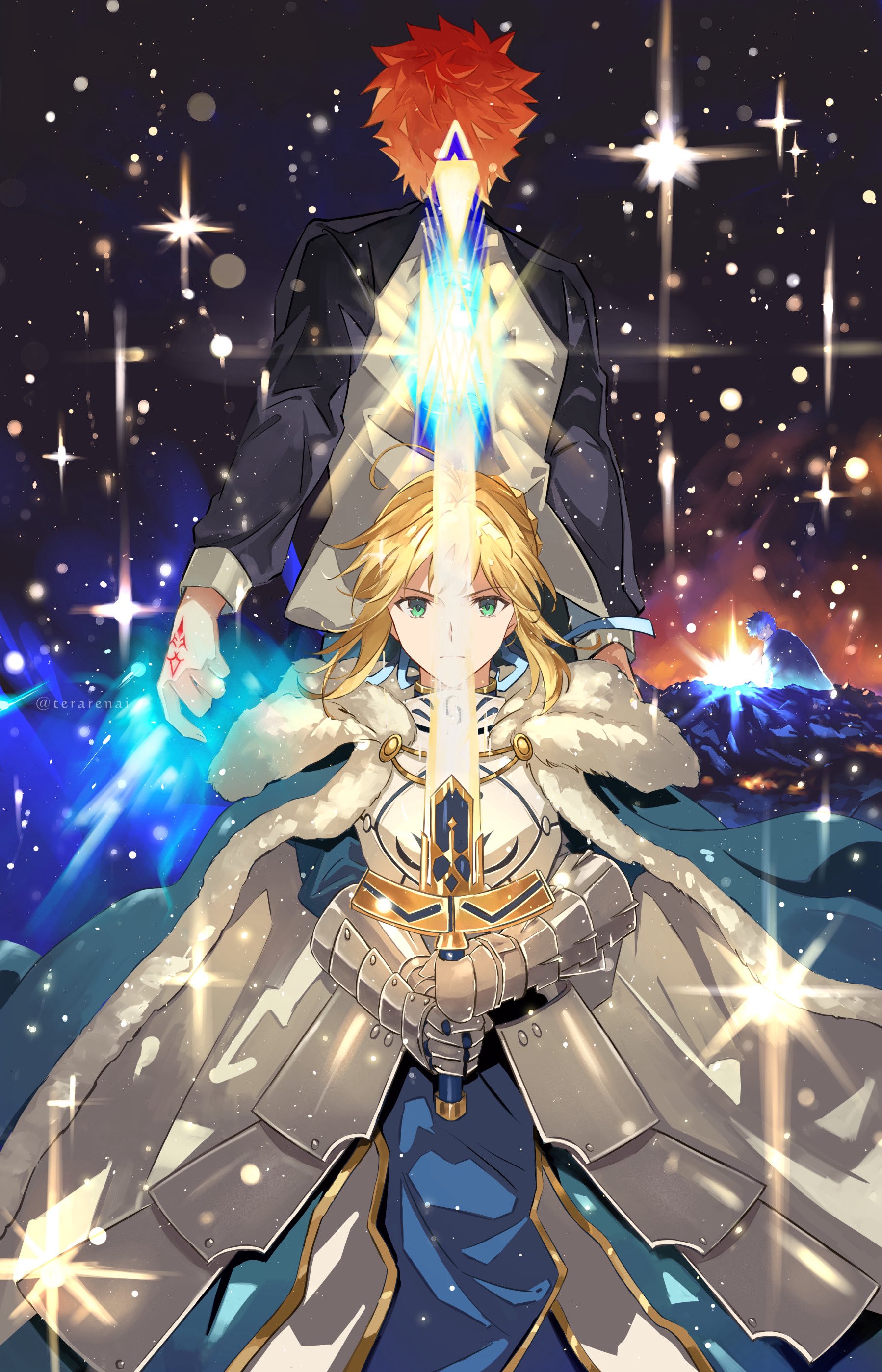 terarenai, artoria pendragon (fate), emiya kiritsugu, emiya shirou, saber (fate), fate/stay night, fate (series), absurdres, highres, 1girl, 2boys, armor, blonde hair, blue cape, blue dress, cape, cowboy shot, dress, excalibur (fate/stay night), green eyes, holding, holding sword, holding weapon, multiple boys, red hair, solo focus, sword, weapon, white armor