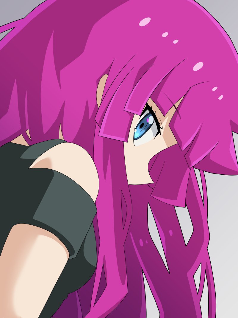 kura (xxcracy), kirishima romin, yu-gi-oh!, yu-gi-oh! sevens, bare shoulders, black shirt, blue eyes, close-up, from behind, long hair, looking at viewer, purple hair, shirt, simple background, upper body, white background