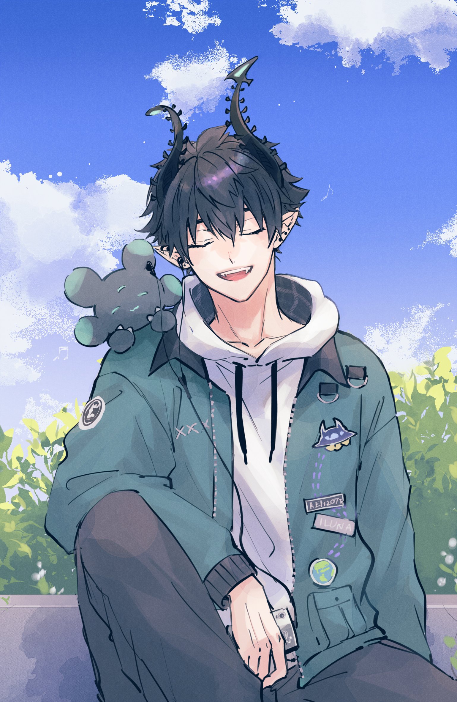 akago r, ren zotto, nijisanji, nijisanji en, commentary, english commentary, highres, 1boy, asymmetrical horns, black hair, black horns, black pants, cloud, double-parted bangs, drawstring, ear piercing, earrings, hair between eyes, hood, hood down, hoodie, horns, jacket, jewelry, long sleeves, male focus, on shoulder, open clothes, open jacket, open mouth, outdoors, pants, piercing, renvader (ren zotto), short hair, sitting, sky, smile, solo, teeth, tongue, uneven horns, upper teeth only, white hoodie