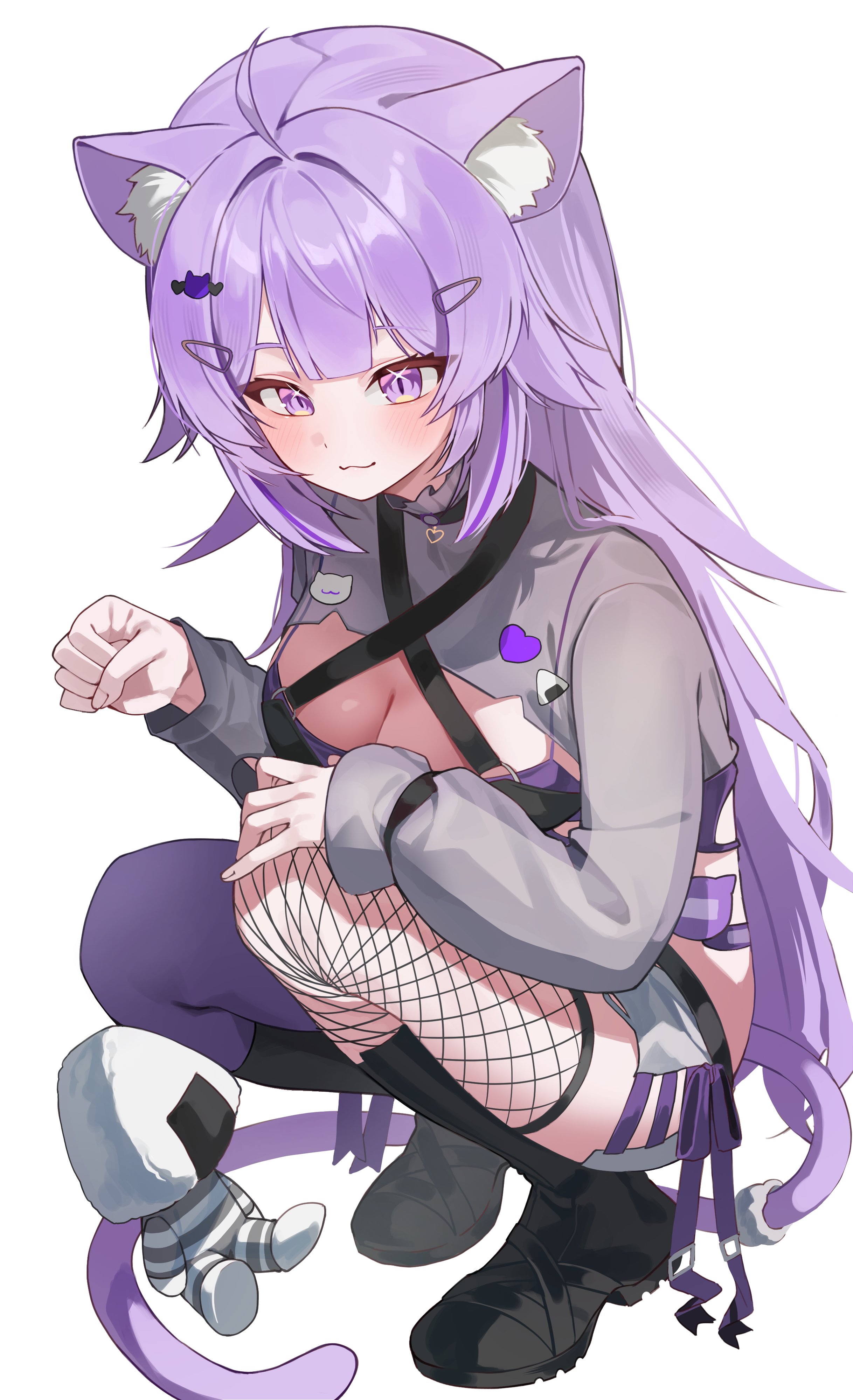 newda al, onigirya (nekomata okayu), hololive, absurdres, highres, 1girl, animal ear fluff, animal ears, black boots, boots, bra, breasts, cat ears, cat girl, cat tail, cleavage, cropped shirt, fishnet thighhighs, fishnets, grey shirt, large breasts, long hair, purple bra, purple eyes, purple hair, shirt, simple background, solo, squatting, tail, thighhighs, underwear, virtual youtuber, white background