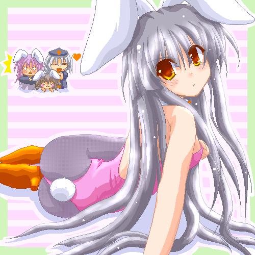 houraisan kaguya, inaba tewi, reisen udongein inaba, yagokoro eirin, touhou, lowres, >:o, 4girls, :3, :d, :o, = =, ^^^, alternate costume, alternate hair color, animal ears, arm support, ass, bare shoulders, chibi, female focus, fishnet pantyhose, fishnets, grey hair, high heels, hip focus, leotard, long hair, looking at viewer, looking back, multiple girls, o o, oekaki, open mouth, orange eyes, panties, pantyhose, playboy bunny, rabbit ears, rabbit girl, rabbit tail, shoes, sitting, smile, tail, thong, thong leotard, underwear, v-shaped eyebrows, very long hair, yokozuwari