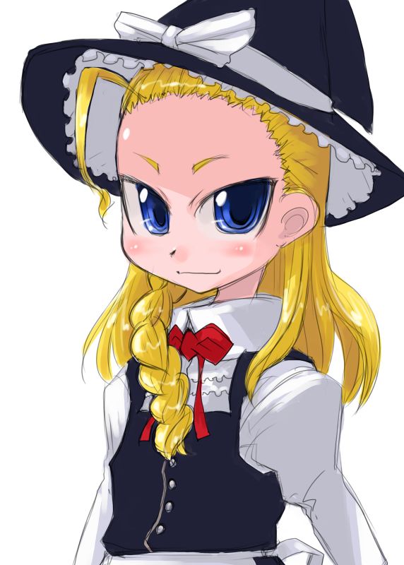 tao, tao (kadoya), kirisame marisa, touhou, 1girl, ahoge, alternate hairstyle, blonde hair, female focus, forehead, hat, smile, solo, upper body, witch hat