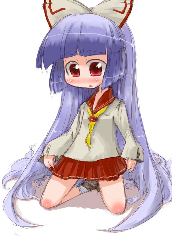 tao, tao (kadoya), fujiwara no mokou, touhou, light purple hair, 1girl, alternate costume, blunt bangs, female focus, kneeling, long hair, long sleeves, miniskirt, pleated skirt, red eyes, red skirt, sailor collar, school uniform, serafuku, simple background, skirt, solo, very long hair, white background