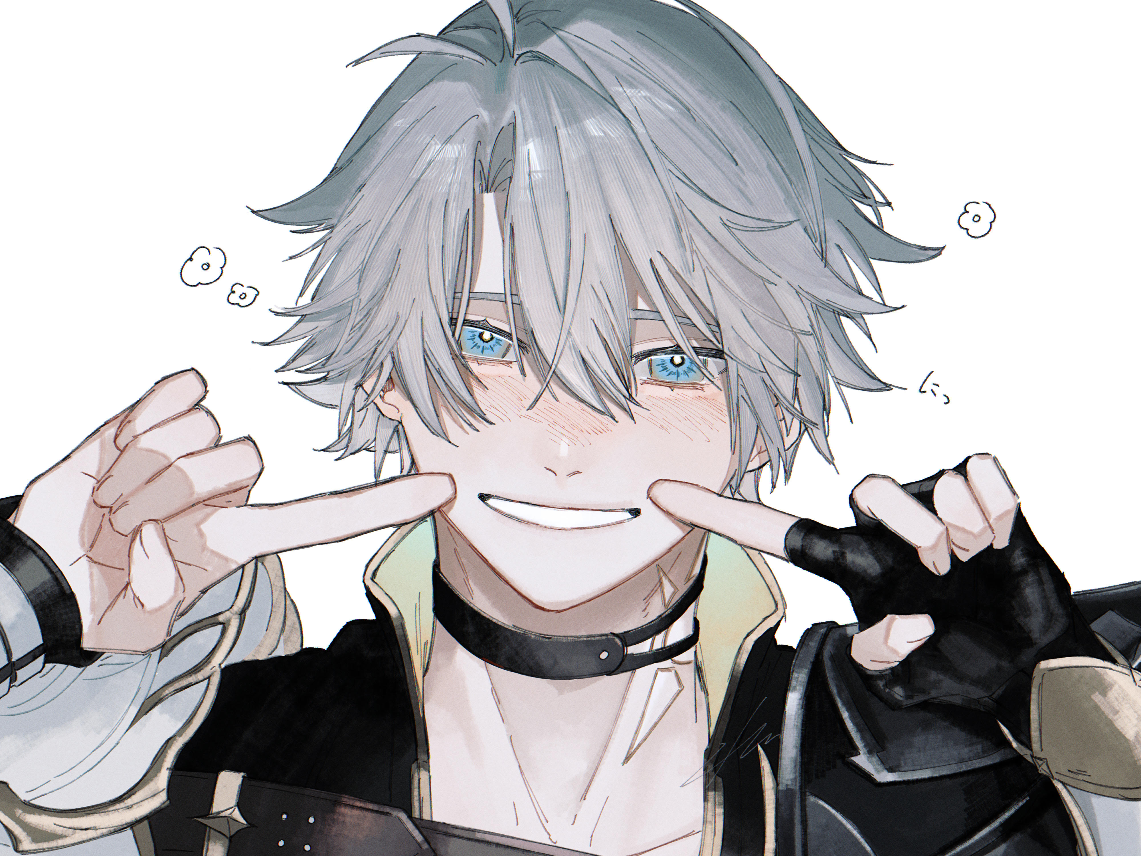 ieririr, phainon (honkai: star rail), honkai: star rail, honkai (series), absurdres, commentary, commentary request, highres, 1boy, antenna hair, black choker, black gloves, blue eyes, blush, choker, collared shirt, finger to mouth, fingerless gloves, gloves, grin, hair between eyes, long sleeves, looking at viewer, male focus, parted bangs, popped collar, shirt, single glove, smile, solo, teeth, upper body, white hair