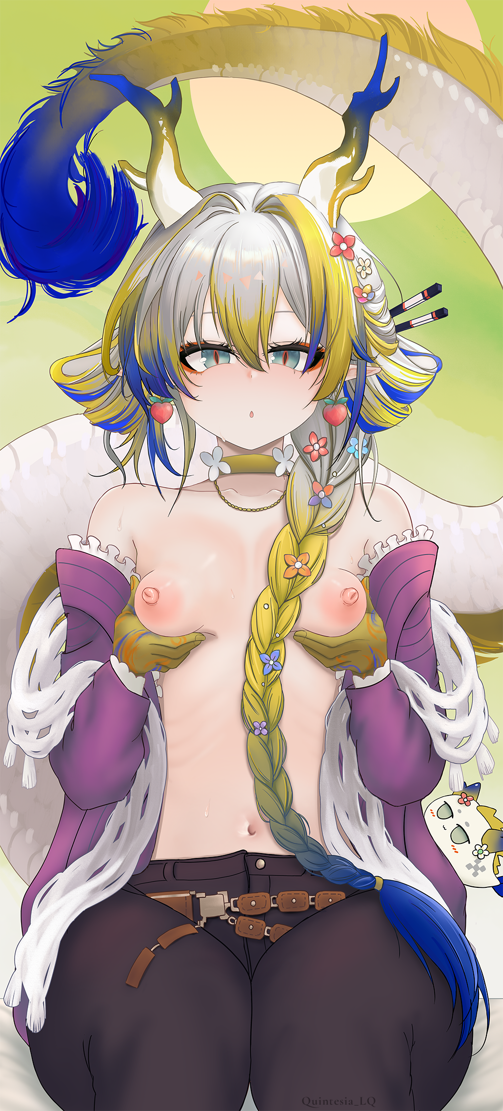quintesia lq, shu (arknights), shu (spring feast) (arknights), arknights, chinese commentary, commentary, english commentary, highres, mixed-language commentary, paid reward available, variant set, 1girl, blonde hair, blue hair, breasts, collarbone, colored extremities, dragon bubble (arknights), dragon girl, dragon horns, dragon tail, earrings, frilled sleeves, frills, grabbing own breast, green eyes, grey hair, hair between eyes, horns, jewelry, long hair, long sleeves, looking at viewer, multicolored hair, navel, nipples, off shoulder, official alternate costume, parted lips, shawl, sitting, small breasts, solo, tail, tail raised, white shawl