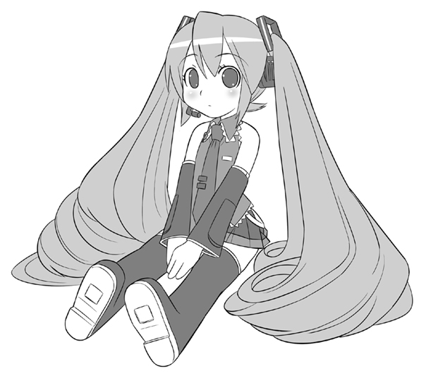 sugar (sugarless), hatsune miku, vocaloid, 1girl, chibi, female focus, greyscale, long hair, monochrome, solo, thighhighs, twintails, very long hair