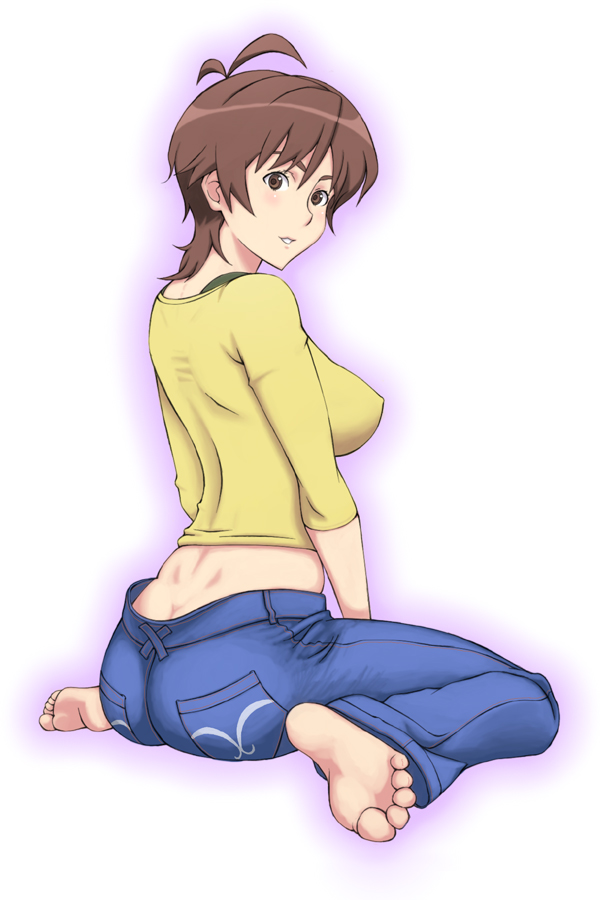 kazunari, amaha masane, witchblade, 00s, 1girl, antenna hair, ass, barefoot, breasts, brown hair, butt crack, denim, dimples of venus, feet, female focus, jeans, large breasts, looking back, pants, sideboob, sitting, soles, solo, toes, wariza