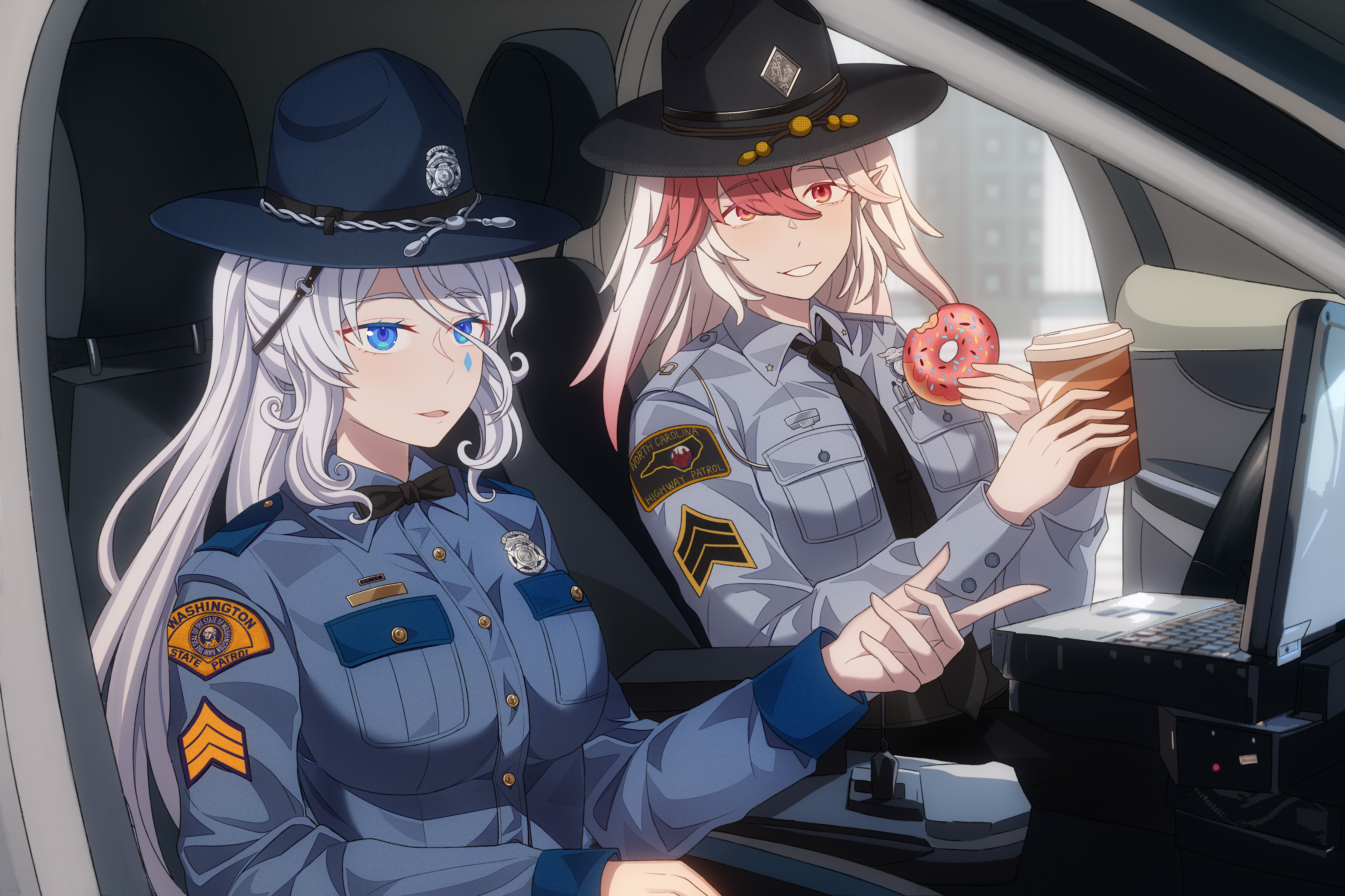 conscript96, north carolina (warship girls r), washington (warship girls r), warship girls r, absurdres, chinese commentary, commentary, commentary request, english commentary, highres, mixed-language commentary, 2girls, alternate costume, blue eyes, blue shirt, campaign hat, car, car interior, donut, drink, food, hat, holding, holding drink, holding food, long hair, long sleeves, looking at viewer, motor vehicle, multicolored hair, multiple girls, north carolina highway patrol, open mouth, police, police badge, police car, police hat, police uniform, policewoman, red eyes, red hair, shirt, sitting, two-tone hair, washington state patrol, white hair