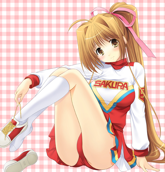 azuma yuki, 1girl, bow, brown eyes, brown hair, cheerleader, female focus, kneehighs, legs, legs up, long hair, panties, pantyshot, ponytail, red panties, ribbon, shoes, single shoe, sitting, smile, socks, solo, underwear, undressing, untying