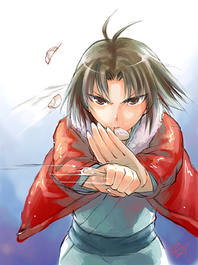 task owner, ryougi shiki, haagen-dazs, kara no kyoukai, type-moon, 1girl, brown eyes, brown hair, female focus, food, foreshortening, ice cream, jacket, japanese clothes, kimono, knife, obi, red jacket, reverse grip, sash, serious, short hair, solo, spoon