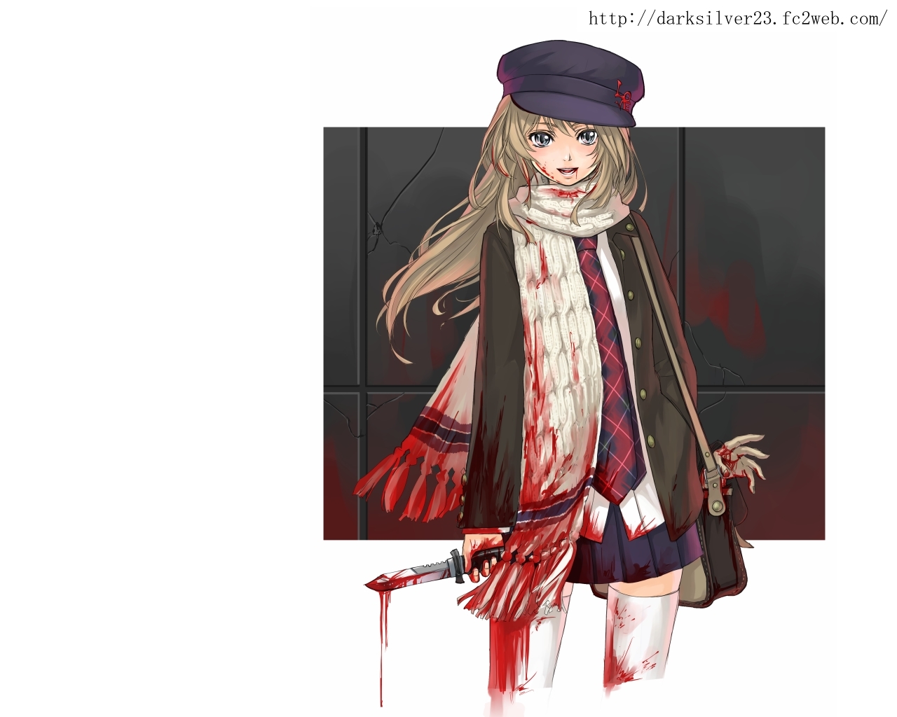 kurogin, original, blood, hat, knife, scarf, solo, thighhighs, zettai ryouiki