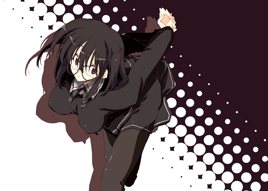 abimaru, original, 1girl, arms behind back, black hair, black pantyhose, black theme, bouncing breasts, breasts, brown eyes, female focus, from behind, glasses, large breasts, long sleeves, looking at viewer, pants, pantyhose, rimless eyewear, running, solo