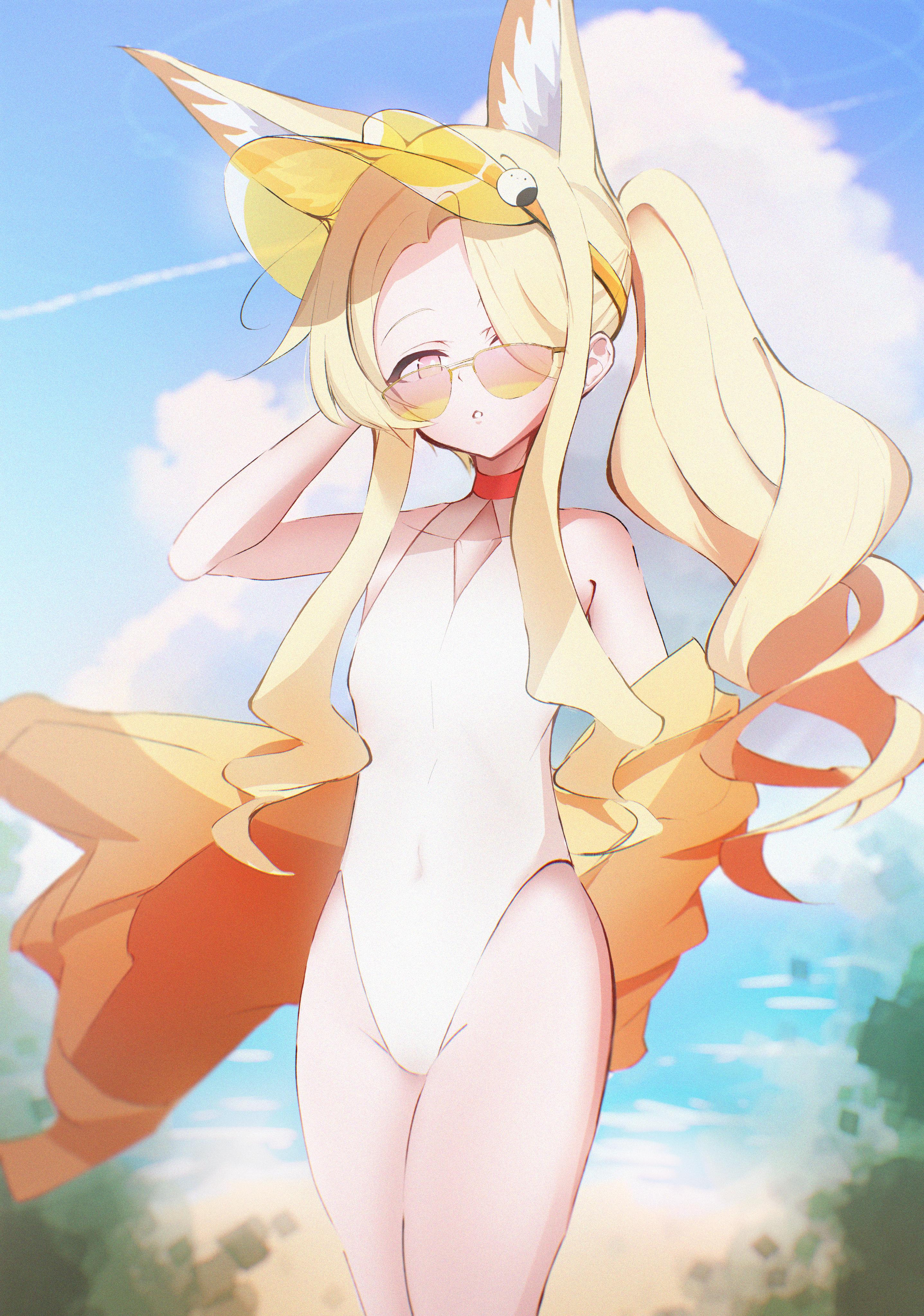 seia (blue archive), seia (swimsuit) (blue archive), blue archive, absurdres, highres, 1girl, animal ear fluff, animal ears, arm up, beach, blonde hair, cloud, coconas (tgfd3235), covered navel, fox ears, fox girl, groin, hair over one eye, hand in own hair, highleg, highleg one-piece swimsuit, jacket, long hair, ocean, off shoulder, one-piece swimsuit, open clothes, open jacket, orange-tinted eyewear, outdoors, side ponytail, sky, solo, sunglasses, swimsuit, thighs, tinted eyewear, visor cap, white one-piece swimsuit, yellow eyes, yellow jacket, yellow visor
