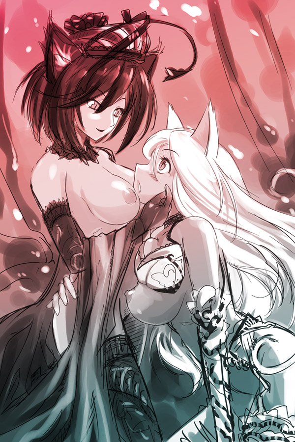michael f91, original, 2girls, animal ears, breasts, cat ears, elbow gloves, eye contact, gloves, large breasts, looking at another, medium breasts, monochrome, multiple girls, nipples, sketch, topless female, yuri