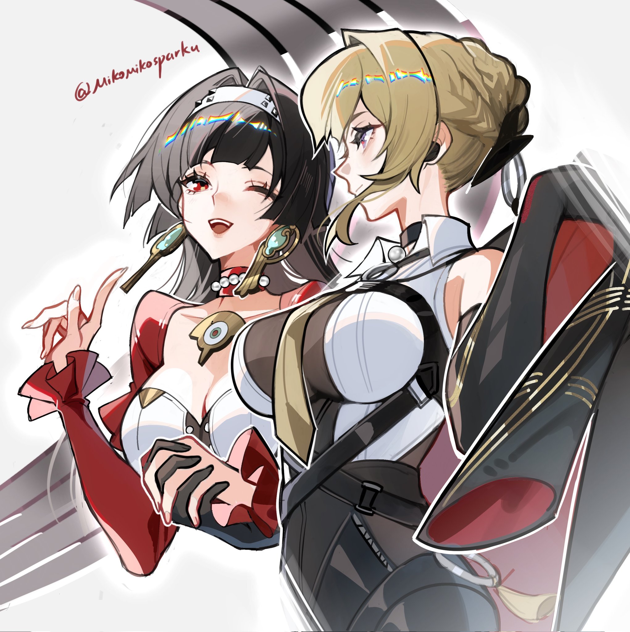 mie xing, astra yao, evelyn chevalier, zenless zone zero, commentary, english commentary, highres, 2girls, black hair, black jacket, blonde hair, breasts, chest harness, collared shirt, dress, hair bun, hair intakes, hairband, harness, jacket, multiple girls, one eye closed, purple eyes, red eyes, red jacket, shirt, sleeveless, sleeveless shirt, twitter username, white dress, white hairband, white shirt