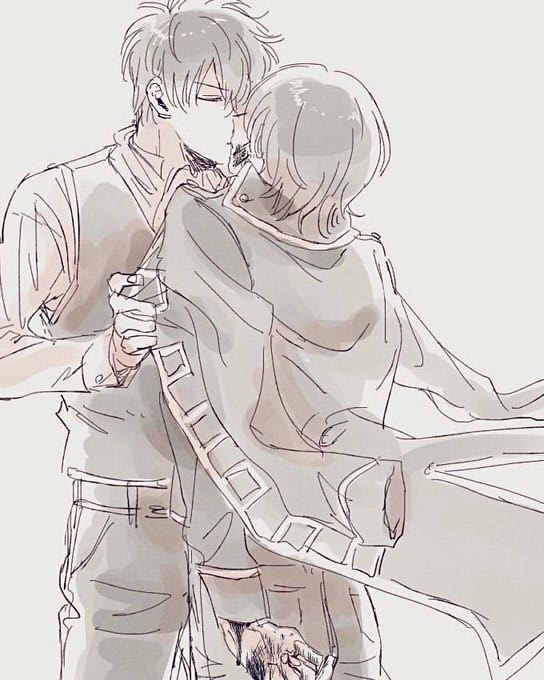 se0h, hijikata toushirou, yamazaki sagaru, gintama, commentary request, 2boys, back, closed eyes, greyscale, jacket, kiss, monochrome, multiple boys, standing, vest, yaoi
