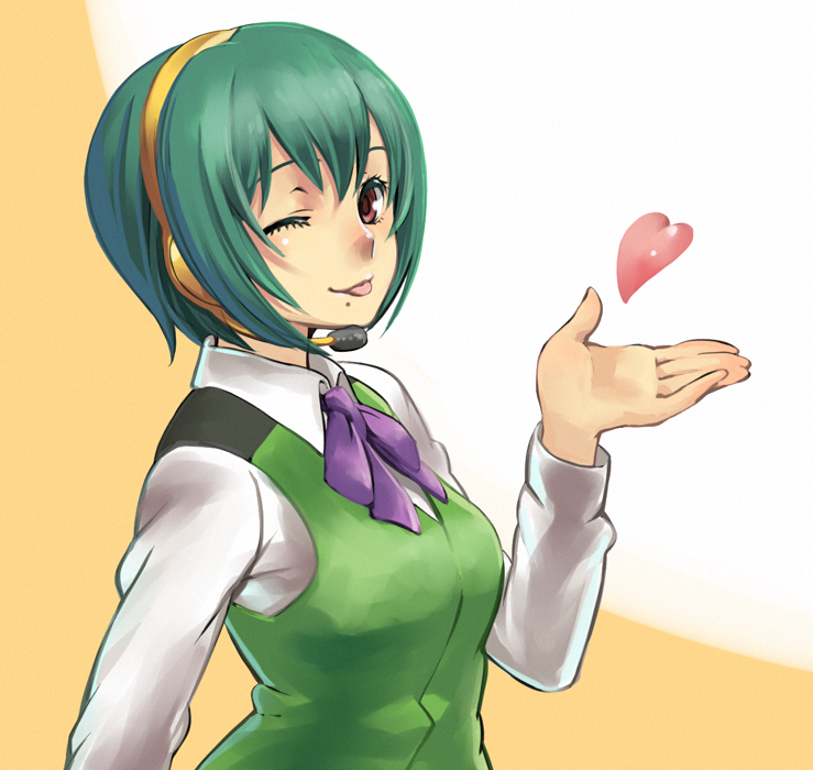 chan co, otonashi kotori, idolmaster, idolmaster (classic), idolmaster 1, 00s, 1girl, ;p, blowing kiss, female focus, green hair, heart, mole, mole under mouth, one eye closed, open hand, red eyes, short hair, solo, tongue, tongue out, upper body, wink