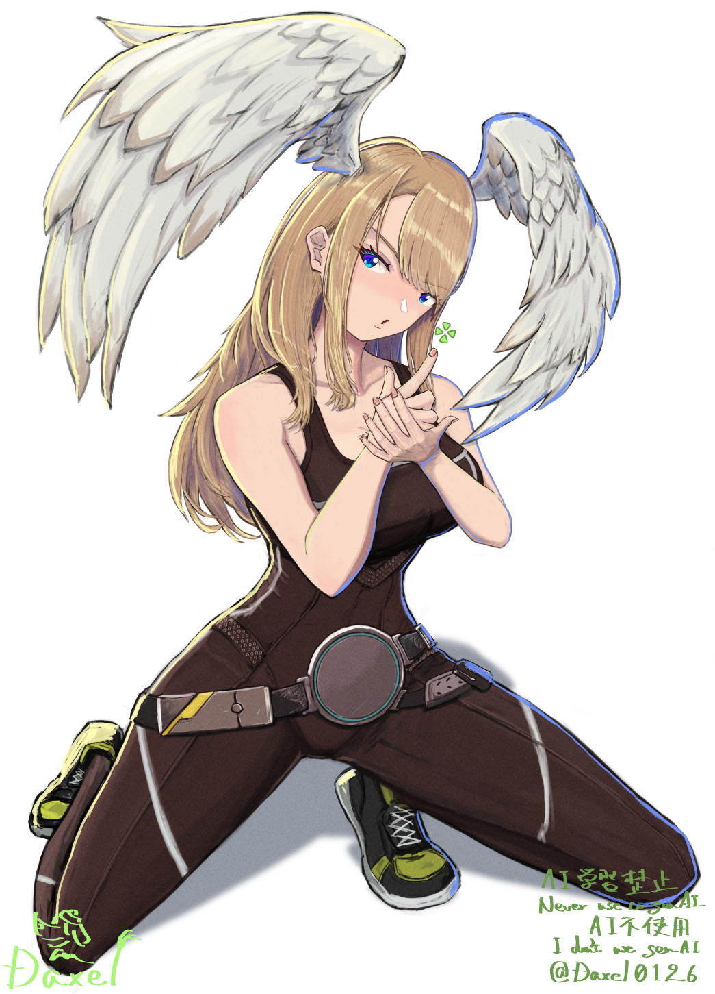 daxel0126, eunie (xenoblade), xenoblade chronicles (series), xenoblade chronicles 3, highres, 1girl, artist name, black bodysuit, black choker, blue eyes, bodysuit, breasts, brown hair, choker, cleavage, clover, head wings, large breasts, long hair, looking at viewer, medium hair, simple background, smile, solo, white wings, wings