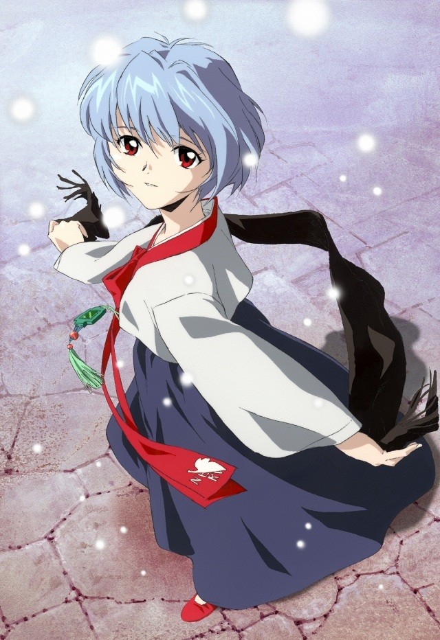 takamura kazuhiro, ayanami rei, neon genesis evangelion, 1girl, alternate costume, blue hair, casual, female focus, from side, full body, hair between eyes, korean clothes, outdoors, red eyes, scarf, short hair, snow, snowing, solo, standing, unworn scarf