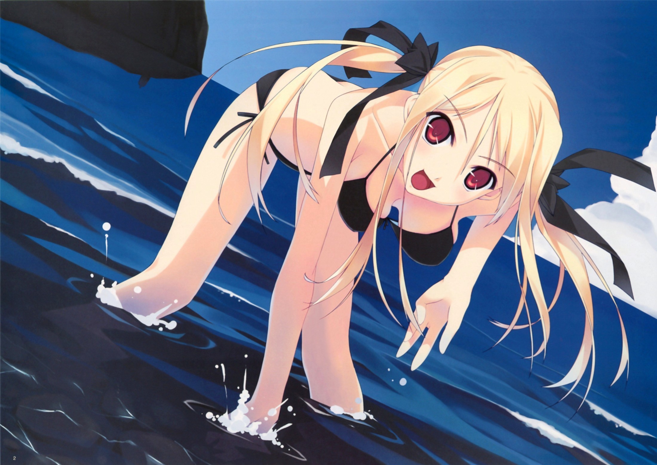 murakami suigun, ieuji kazuno, silvery white, highres, scan, 1girl, :d, bent over, bikini, blonde hair, day, dutch angle, female focus, leaning forward, ocean, open mouth, red eyes, red hair, side-tie bikini bottom, smile, solo, swimsuit, twintails, wading, water