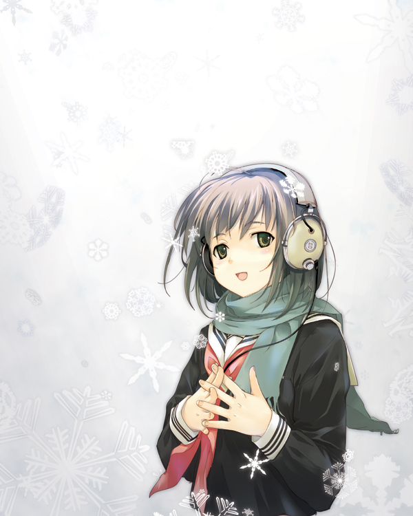 dasoku sentarou, original, light brown hair, 1girl, :d, black serafuku, female focus, gradient background, green eyes, grey background, headphones, interlocked fingers, long sleeves, looking to the side, neckerchief, open mouth, own hands clasped, own hands together, red neckerchief, scarf, school uniform, serafuku, short hair, simple background, smile, snow, snowflakes, snowing, solo, upper body