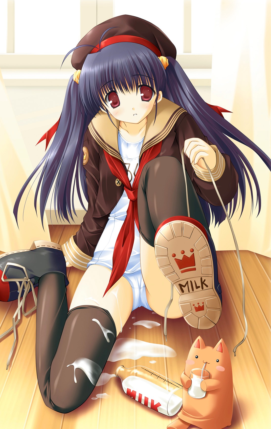ikegami akane, highres, 1girl, ahoge, blue hair, female focus, hat, long hair, milk, no pants, one-piece swimsuit, open clothes, open shirt, panties, red eyes, school swimsuit, school uniform, serafuku, shirt, shoe soles, shoes, solo, suggestive fluid, swimsuit, swimsuit under clothes, thighhighs, twintails, underwear, white one-piece swimsuit, white school swimsuit