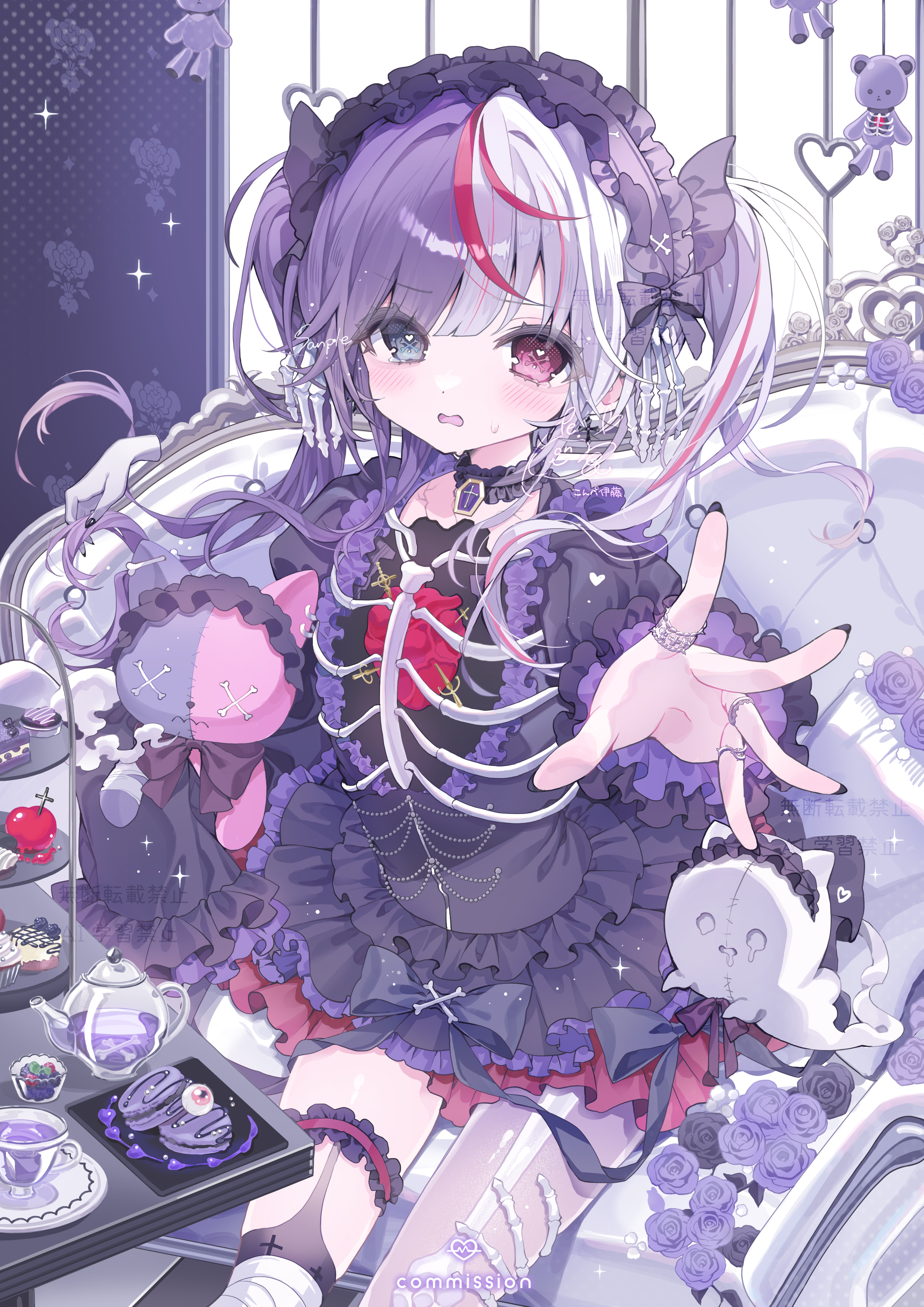 konpe itou, original, absurdres, commentary request, commission, highres, 1girl, asymmetrical legwear, black choker, black dress, black flower, black nails, black ribbon, black rose, bone, bone-shaped pupils, choker, couch, cracked skin, cross, cup, disembodied hand, dress, flower, flustered, food, frilled choker, frilled dress, frills, gothic lolita, grey eyes, hairband, heart, heart-shaped pupils, heart (organ), heterochromia, hole in chest, hole on body, jewelry, lolita fashion, lolita hairband, looking at viewer, macaron, multicolored hair, multiple rings, on couch, outstretched hand, parted lips, purple flower, purple hair, purple rose, red eyes, red streaks, ribbon, ribs, ring, rose, see-through body, skeletal hand, solo, stuffed toy, sweatdrop, symbol-shaped pupils, tea set, teacup, teapot, tearing up, thigh scrunchie, too many, too many frills, twintails, two-tone dress, watermark, white hair, x x