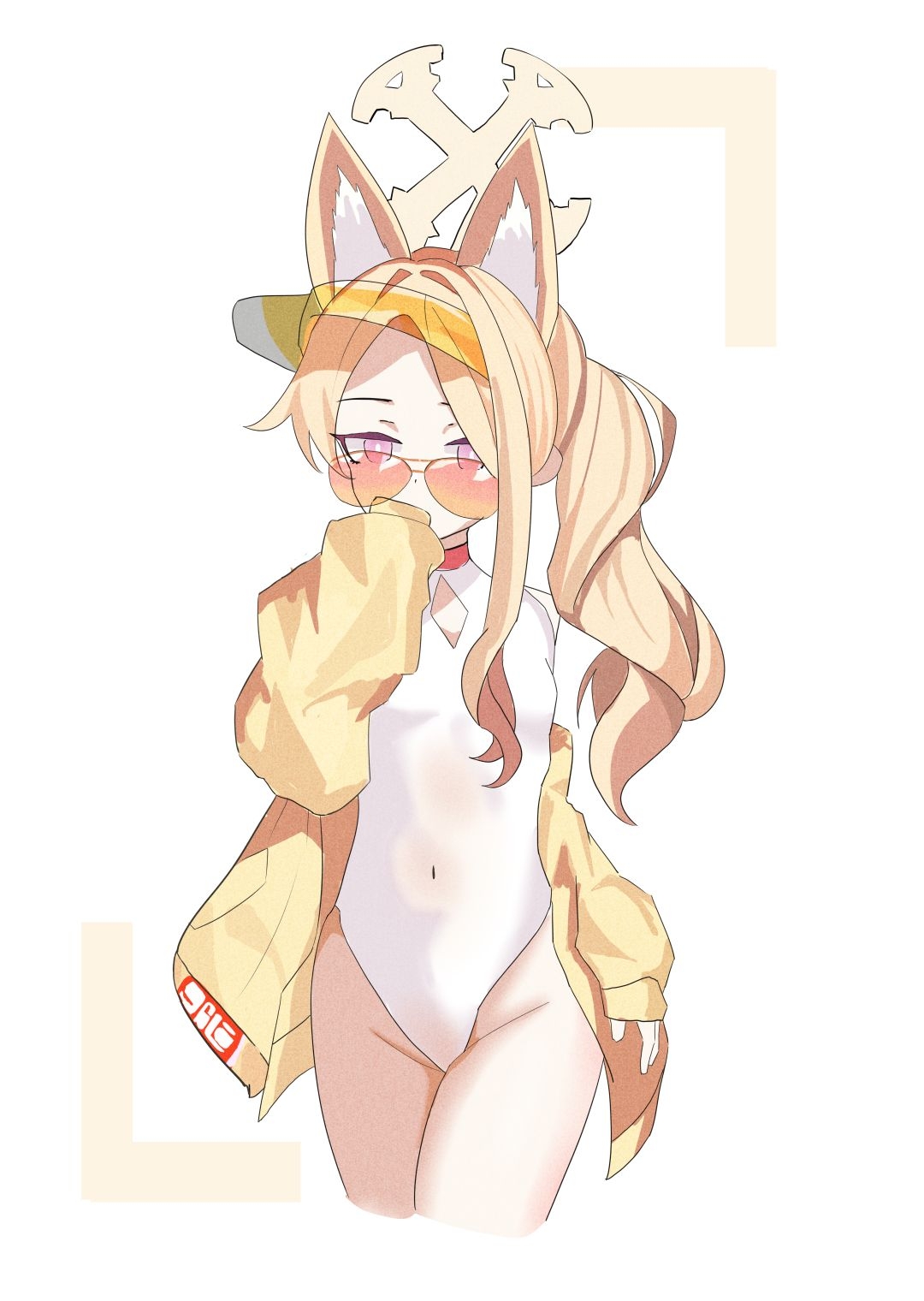 seia (blue archive), seia (swimsuit) (blue archive), blue archive, highres, 1girl, animal ear fluff, animal ears, blonde hair, covered navel, covering own mouth, cross halo, fox ears, fox girl, fox tail, groin, halo, hand to own mouth, highleg, highleg one-piece swimsuit, jacket, long hair, off shoulder, one-piece swimsuit, open clothes, open jacket, orange-tinted eyewear, side ponytail, sleeves past wrists, solo, sunglasses, swimsuit, tail, tanzhaoxu, thighs, tinted eyewear, visor cap, white one-piece swimsuit, yellow eyes, yellow halo, yellow visor