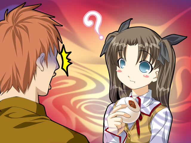 emiya shirou, tohsaka rin, fake ever since, fate/stay night, fate (series), 00s, 1boy, 1girl, ?, eating, surprised, twintails, two side up, what