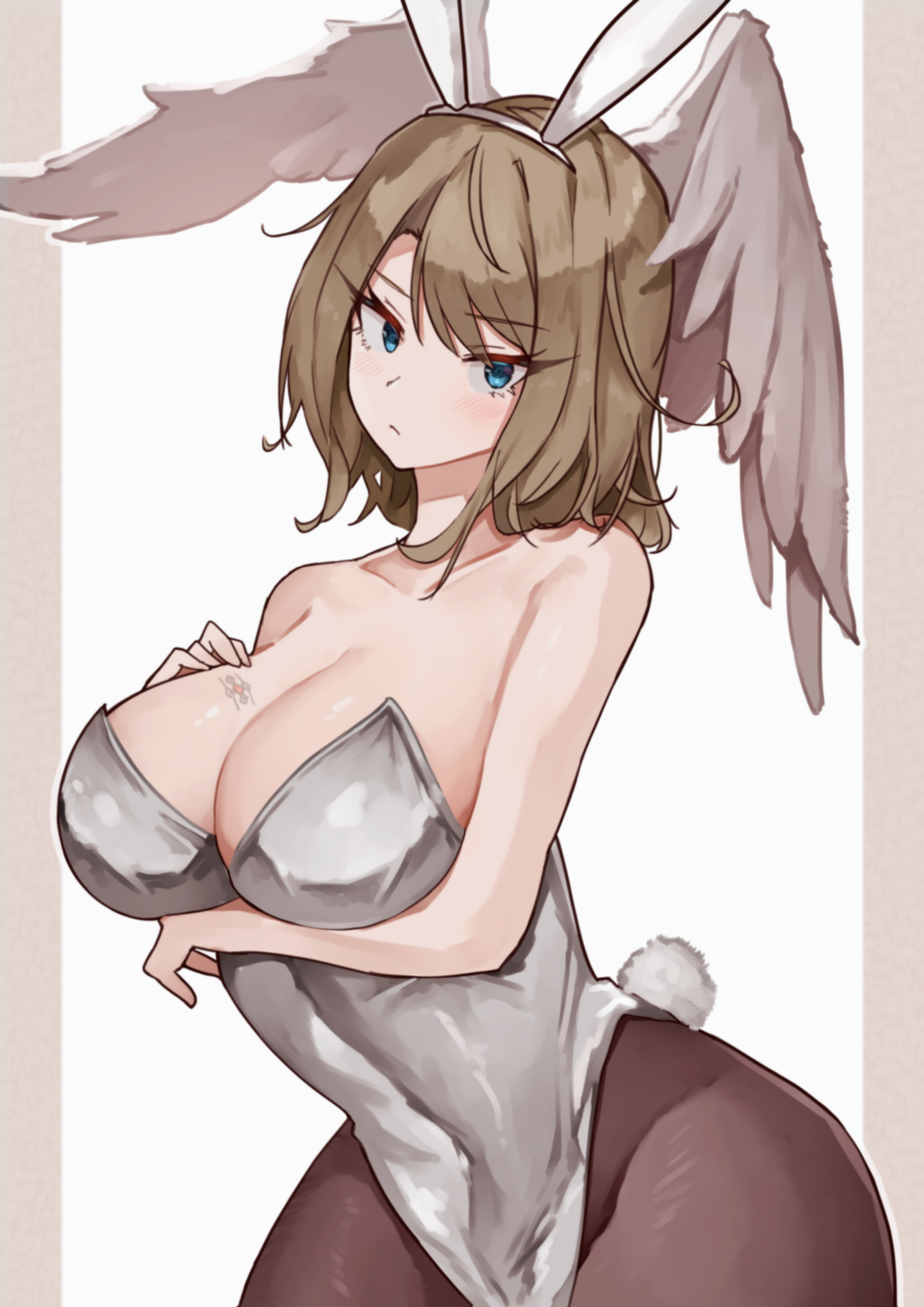 yotsuha uni, eunie (xenoblade), xenoblade chronicles (series), xenoblade chronicles 3, absurdres, commentary, highres, symbol-only commentary, 1girl, blue eyes, breast tattoo, breasts, brown hair, cleavage, hand on own chest, head wings, large breasts, leotard, long hair, looking at viewer, playboy bunny, simple background, solo, tattoo, white wings, wings