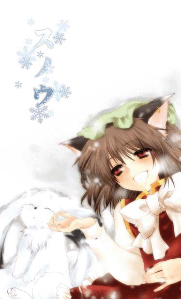 kokono coco, chen, touhou, 1girl, animal ears, brown eyes, brown hair, cat ears, cat girl, earrings, female focus, hat, jewelry, rabbit, snow, snowflakes, snowing, solo