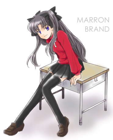 marron brand, tohsaka rin, fate/stay night, fate (series), lowres, 00s, 1girl, black hair, black thighhighs, blue eyes, desk, female focus, long hair, school desk, solo, thighhighs, twintails, two side up, zettai ryouiki